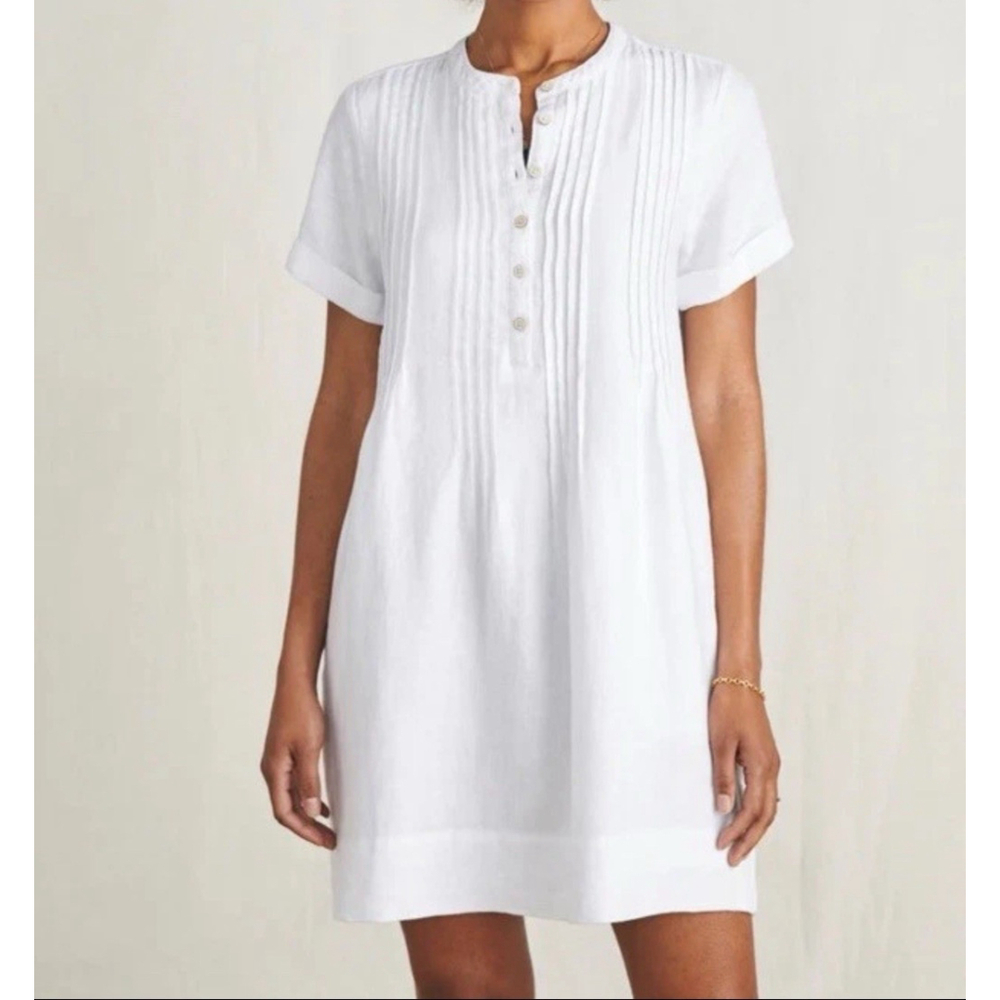 Faherty Gemina Pintuck Linen Dress White Womens Size Large Coastal Pockets EUC